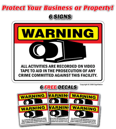 SECURITY CAMERA ~6 Signs & 6 Free Decals~ alarm signs Property 24 Hour protection